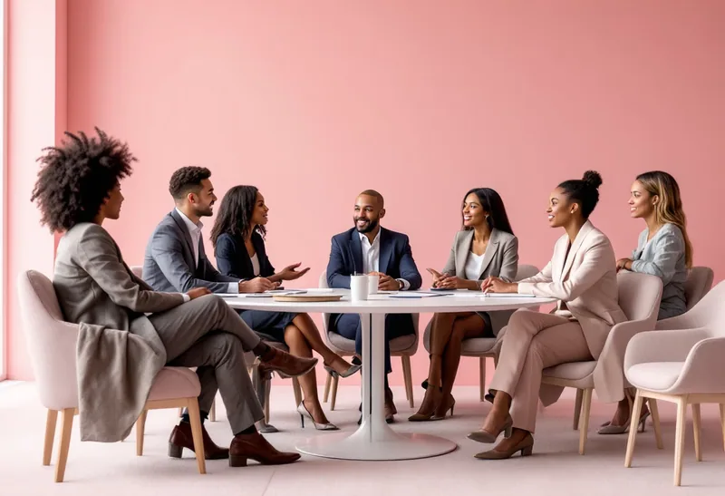 Seven colleagues in business dress in discussion around a round meeting table