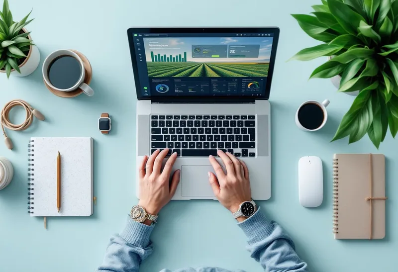 An overhead view of hands typing on a laptop showing a reporting dashboard, on a desk with notebooks, coffee and plants